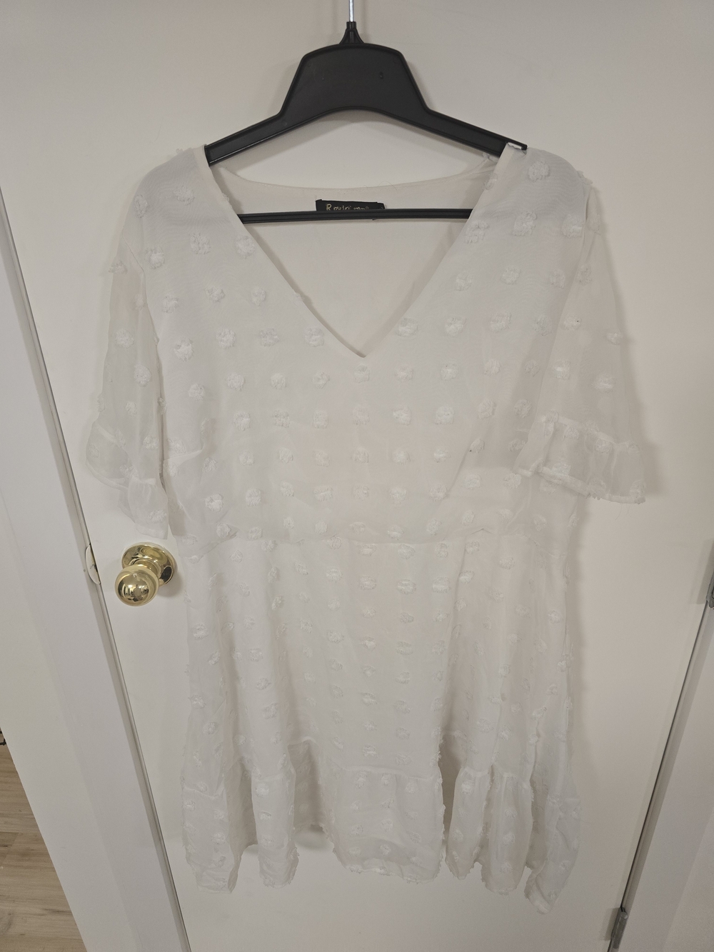 White Swiss Dot V-Neck Ruffle Dress